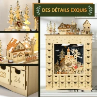 HOMCOM Calendrier de l'Avent LED en forme de village enneigé avec 24 tiroirs décoration lumineuse de Noël beige(m-6)