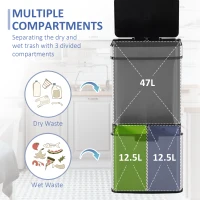 HOMCOM 72L Recycling Sensor Bin Stainless Steel 3 Compartments For Both Wet/Dry Waste w/Removable Lid  Kitchen Home(m-6)