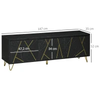 HOMCOM Meuble TV banc TV jusqu'à 65 pouces texture longueur 147 cm effet marbre 2 placards 3 portes à amortissement étagères réglables passe-câbles charge 100 Kg - 147 x 35 x 52 cm - pied en métal(m-3)