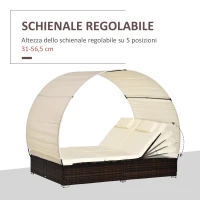 Outsunny Sdraio da Giardino Doppia con Tettuccio e Schienale 5 Reclinazioni, Lettino Prendisole in Rattan PE 196x137x31cm Bianco Crema(m-4)