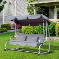 Outsunny Balancelle de Jardin 3 Places Convertible Toit Inclinaison réglable 2 tablettes Support 2L x 1,2l x 1,64H m métal époxy Noir Polyester gris clair(m-2)