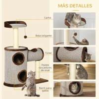 PawHut Árbol Rascador para Gatos Mediano Altura 104 cm Torre Escalador de Gato con Barril Rascador Cama Superior Túnel Postes de Sisal y Bola Colgante 75x39x104 cm Marrón(m-5)