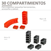DURHAND Estantería de Almacenaje para Pared 33 Piezas con Cajas de 2 Tamaños Diferentes Ideal para Tornillos 37,5x18x63 cm Rojo(m-5)
