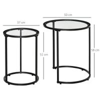 HOMCOM Juego de 2 Mesitas Auxiliares Anidadas con Estructura de Metal y Encimera de Cristal Ø50x58 cm y Ø37x51 cm Negro(m-3)