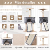 PawHut Árbol Rascador para Gatos con Cueva Juguete Colgante Rampa y Postes Rascadores de Sisal 40x40x98 cm Gris y Beige(m-6)
