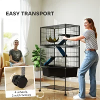 PawHut 5 Levels Rolling Small Animal Cage with Non Slip Ramps, Slide Out 16cm Deep Tray, 88 x 48 x 150.5cm, Dark Grey(m-7)