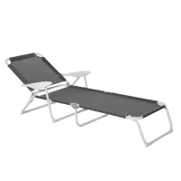 Outsunny Bain de Soleil Pliable - transat inclinable 4 Positions - Chaise Longue Grand Confort avec accoudoirs - métal époxy textilène - dim. 186L x 66l x 80H cm - Gris foncé(m-10)