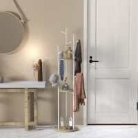 HOMCOM Porte-manteaux sur pied meuble d'entrée en acier avec 9 crochets et 2 étagères rondes Ø 40 x 167 cm naturel et blanc(m-7)