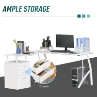 HOMCOM L-Shaped Computer Desk Table with Storage Drawer, Home Office Desk Corner Industrial Style Workstation for A4 Files 143.5 x 143.5 x 76cm, White(m-5)