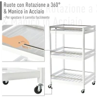 HOMCOM Carrello da Cucina Portavivande in Legno con 3 Ripiani e Ruote, 45x38x78cm, Bianco(m-6)