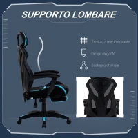 Vinsetto Sedia da Gaming con Supporto Lombare, Sedia Ufficio Ergonomica con Altezza Regolabile in Tessuto Nero e Blu, 65x65x119-129cm(m-6)