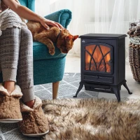 HOMCOM Electric Stove Heater with Realistic Flame Effect, 2000W Portable Indoor Freestanding Electric Fireplace with Adjustable Thermostat, Black(m-10)