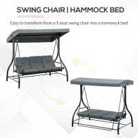 Outsunny 3 Seater Canopy Swing Chair, 2 in 1 Garden Swing Seat Bed, with Adjustable Canopy and Metal Frame, Dark Grey(m-5)
