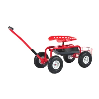 Outsunny Adjustable Rolling Garden Cart Outdoor Gardening Planting Station Trolley Swivel Gardener Work Seat Heavy Duty With Tool Tray & Basket Red 150kg(m-11)