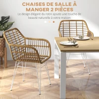 HOMCOM Lot de 2 chaises fauteuils de salle à mager design bohème assise en résine tressée piètement en acier blanc(m-4)