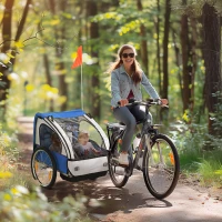 HOMCOM Rimorchio Bici Bambini con 2 Posti, 2 Cinture di Sicurezza, Telaio in Acciaio e Copertura in Tessuto Oxford Blu(m-2)