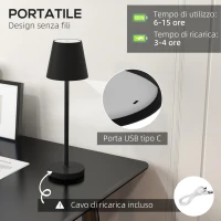 HOMCOM Lampada da Tavolo Portatile in Acrilico e Metallo da 3600mAh con Cavo di Ricarica, Ø11.2x36.5 cm, Nero(m-4)