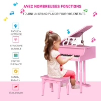 HOMCOM Piano à queue enfant en bois Piano enfant clavier de piano 30 touches - tabouret et pupitre inlus - Instrument de Musique - MDF rose(m-7)