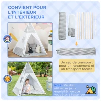 HOMCOM Tente Teepee Indien Tente de jeu pour Enfant Style Graphique - dim. 1,2L x 1,2I x 1,55H m - Porte refermable Fenêtre Tapis Coussin Sac Transport Inclus - à l'Intérieur à l'Extérieur Gris Blanc(m-4)