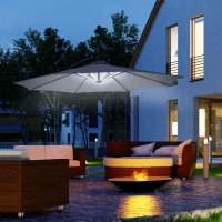 Outsunny Ombrellone da Giardino Ø3x2.5 m a Braccio con Manovella e 8 Strisce LED a Energia Solare, Grigio(m-2)