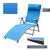 Outsunny transat Chaise Longue Bain de Soleil Pliable Dossier inclinable Multi-Positions têtière fournie 137L x 64l x 101H cm métal époxy textilène Bleu(m-6)
