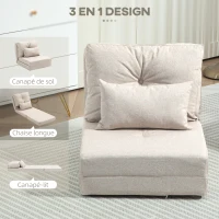 HOMCOM Chauffeuse canapé-lit convertible fauteuil 1 place avec 1 coussin avec dossier réglable, beige(m-5)