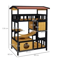 PawHut Outdoor Cat Shelter, Four-Tier Wooden Feral Cat House, with Suspension Bridge, Cat Houses, Balcony, Escape Doors(m-3)