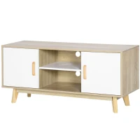 HOMCOM Meuble TV Banc TV scandinave 2 niches et 2 rangements avec Portes - dim. 120I x 40P x 55H cm - Bois Blanc Chêne(m-10)