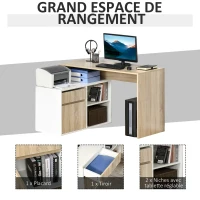 HOMCOM Bureau d'angle Bureau Informatique multimédia Multi-Rangement Panneaux Particules Aspect chêne Clair Blanc(m-7)