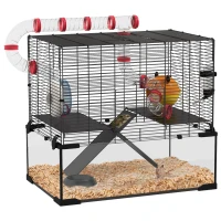 PawHut Gerbil Cage Dwarf Hamster Cage, with Deep Glass Bottom, Tunnels, Hut, Exercise Wheel, 60 x 40 x 57cm(m-1)
