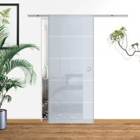 HOMCOM 77.5cm Modern Sliding Door Include Hardware Track System Kit, Frosted Stripe Glass Door, Round Handle(m-10)