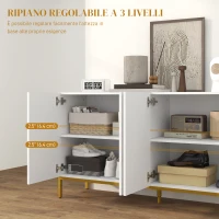 HOMCOM Credenza Moderna a 4 Ante con Chiusura Ammortizzata e Mensole Regolabili, 140x40x75cm, Bianco e Oro(m-6)