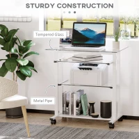 HOMCOM Compact Computer Desk with Keyboard Tray and Wheels, Mobile Home Office Desk for Small Spaces with Sliding Tempered Glass Shelf, White(m-4)