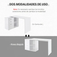 HOMCOM Mesa de Ordenador Escritorio Mesa Esquinera Oficina 2 Formas con 2 Estantes 3 Cajones Mesa de Despacho Escuela Estudio Madera Blanco(m-5)