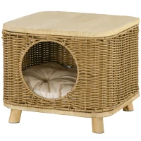 PawHut Elevated Design Wicker Cat House with Washable Cushion, Light Brown(m-11)