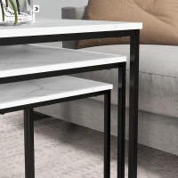 HOMCOM Lot de 3 tables basses carrées gigognes - acier noir panneaux aspect marbre blanc 50/45/39,5 cm(m-9)