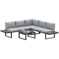 Outsunny 4 Pieces Garden Furniture Set, 5-Level Reclining Garden Corner Sofa Set, Outdoor Lounge Conversation Sectional with Cushions, Wood Effect Plastic Table, Black Frame & Light Grey Cushion(m-1)