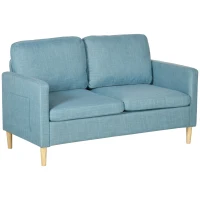 HOMCOM Two Seater Sofa for Living Room, Modern Fabric Couch with Wood Legs and 2 Pockets for Bedroom and Home Office, Blue(m-11)