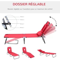 Outsunny Lot de 2 Bains de Soleil Pliable transat inclinable 4 Positions Chaise Longue de Lecture 3 Coussins fournis Rouge(m-4)
