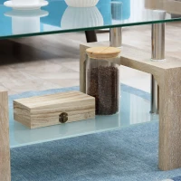 HOMCOM Mesa de Centro Rectangular de Vidrio con Estante Patas de Madera Estilo Moderno 90x50x42 cm Madera Natural(m-7)