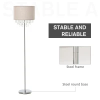 HOMCOM Modern Steel Floor Lamp with Crystal Pendant Fabric Lampshade Floor Switch, Home Style Standing Light for Living Room, Entrance, Office, 164CM, Silver and Cream White(m-5)