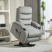 HOMCOM Fauteuil releveur inclinable massant et chauffant, tissu aspect velours avec porte-gobelets, pochette latérale, gris(m-2)