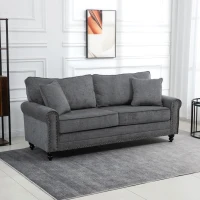 HOMCOM 196cm 3 Seater Sofa, Fabric Sofa with Rubber Wood Legs, Nailhead Trim, 2 Pillows, Small Upholstered Couch Settee for Living Room, Guest Room, Grey(m-2)