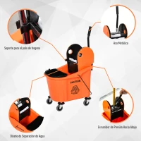 HOMCOM Cubo de Fregona con Ruedas 36L Carro de Limpieza con Escurridor de Presión y 2 Cubetas Separadas 54x41x91,5cm Naranja(m-6)