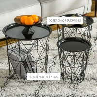 HOMCOM Set 3 Tavolini da Salotto Moderni con Coperchio Rimovibile, Tavolino Basso Contenitore in Acciaio Nero, Forma Cilindrica(m-6)