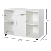 Vinsetto Mobile Office File Cabinet, Lateral Stationery Storage Cabinet, Printer Stand with Wheels, Kitchen Cabinet with Open Shelf and Cupboard, White(m-3)