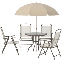 Outsunny 6 pz Set Mobili da Giardino in Tubi d'Acciaio,   Tavolo da Giardino con Sedie e Ombrellone, Crema(m-10)