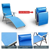 Outsunny transat Chaise Longue Bain de Soleil Pliable Dossier inclinable Multi-Positions têtière fournie 137L x 64l x 101H cm métal époxy textilène Bleu(m-4)