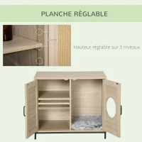 PawHut Meuble maison de toilette pour chat 2 en 1 niche cabane pour chat meuble cache litière chat avec double porte châssis Acier Panneaux Particules Aspect Bois Clair(m-6)