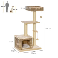 PawHut Rascador Árbol para Gatos 60x40x109 cm con Cueva de Ratán Cojín Plataformas Cama Bolas de Juego y Postes de Rascar de Sisal Natural Beige y Marrón(m-3)